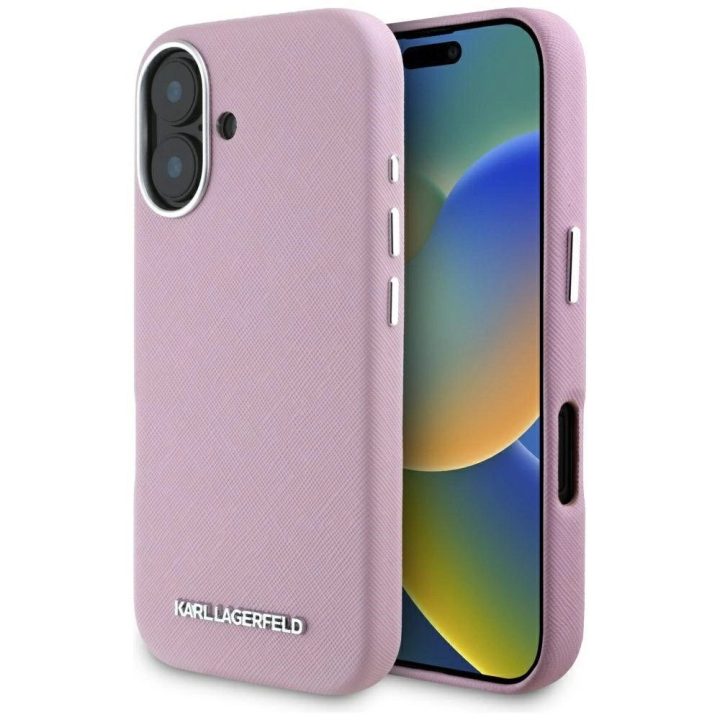 Karl Lagerfeld rožinis Saffiano MagSafe dėklas iPhone 16