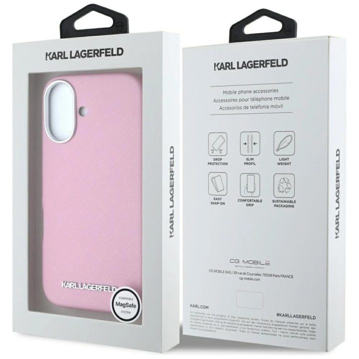 Karl Lagerfeld rožinis Saffiano MagSafe dėklas iPhone 16