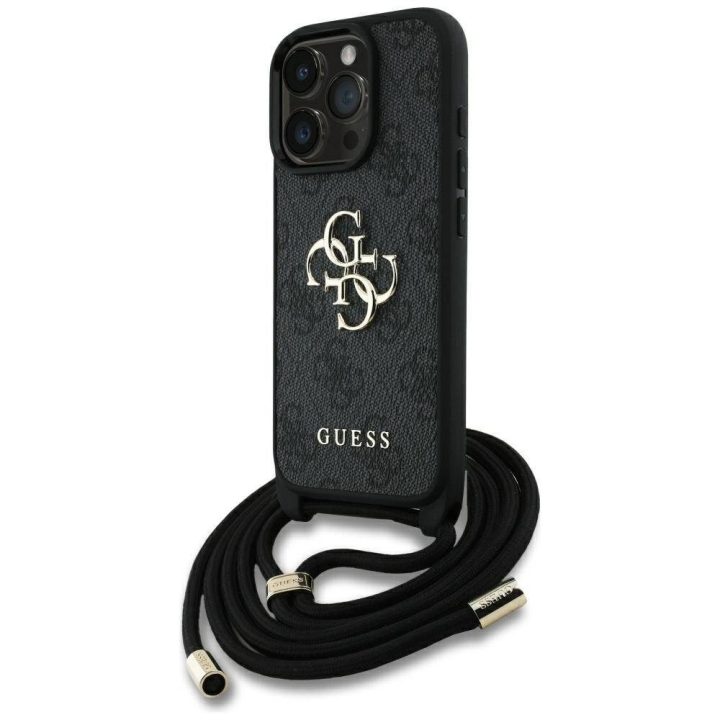 Guess 4G logotipu puošta juoda virvelinė iPhone 16 Pro Max rankinė