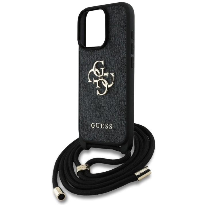 Guess 4G logotipu puošta juoda virvelinė iPhone 16 Pro Max rankinė
