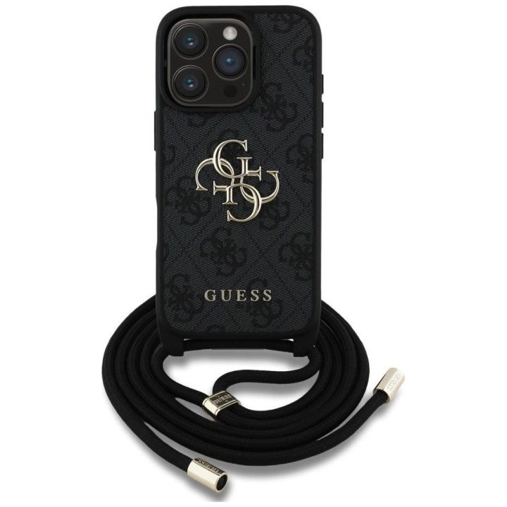 Guess 4G logotipu puošta juoda virvelinė iPhone 16 Pro Max rankinė