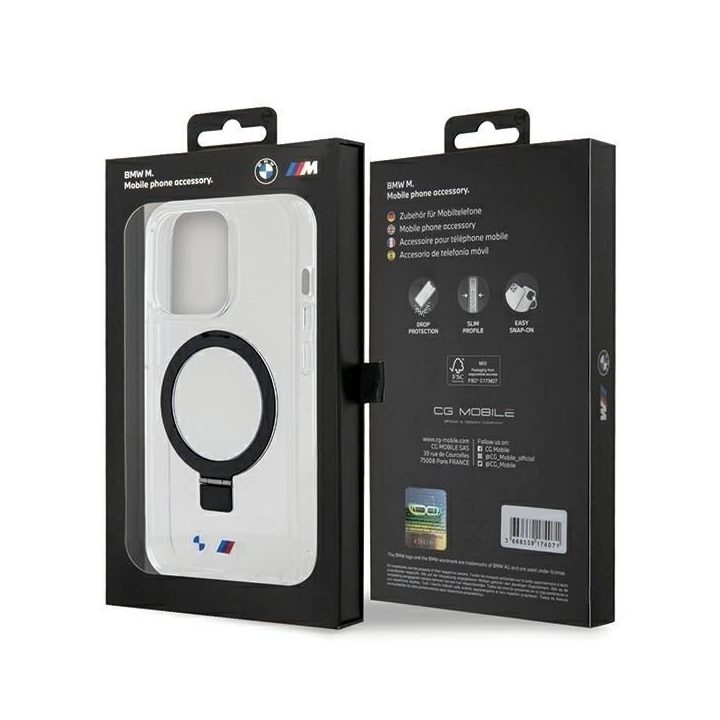 BMW MagSafe dėklas su žiediniu stovu iPhone 15 Pro – skaidrus