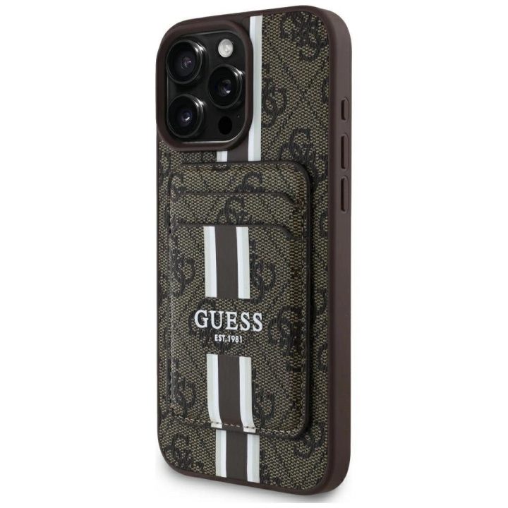 Guess 4G dryžuotas dėklas su MagSafe pinigine iPhone 16 Pro Max, rudas