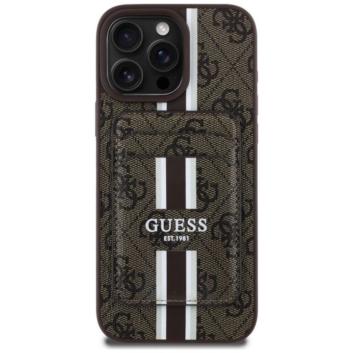Guess 4G dryžuotas dėklas su MagSafe pinigine iPhone 16 Pro Max, rudas