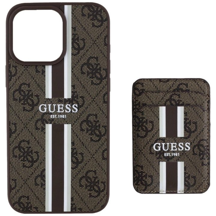 Guess 4G dryžuotas dėklas su MagSafe pinigine iPhone 16 Pro Max, rudas