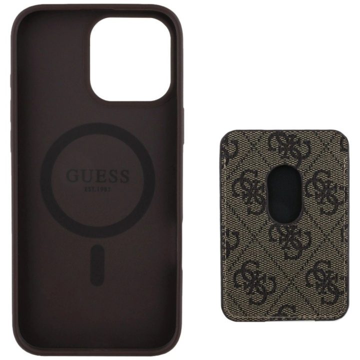 Guess 4G dryžuotas dėklas su MagSafe pinigine iPhone 16 Pro Max, rudas