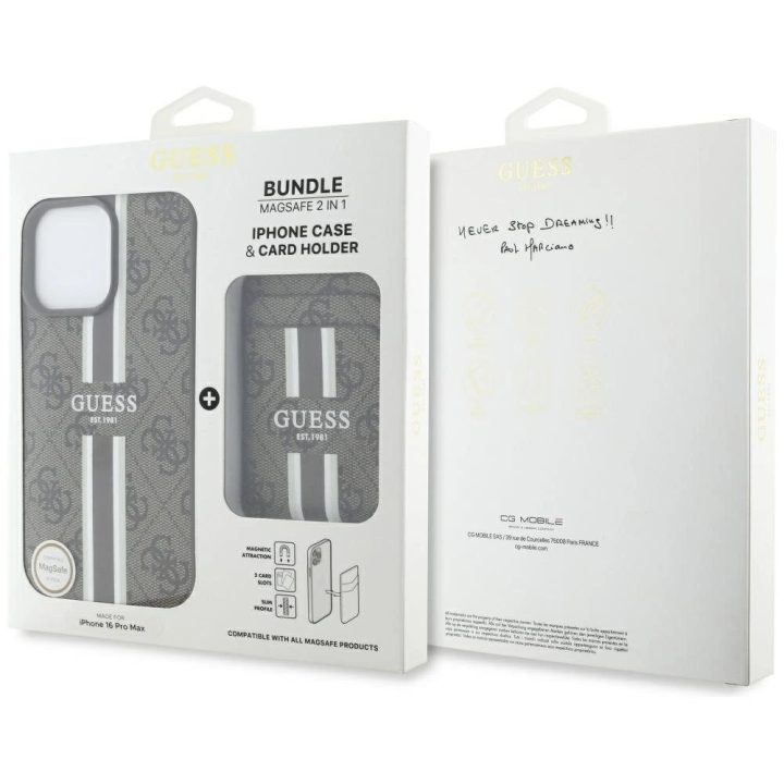 Guess 4G dryžuotas dėklas su MagSafe pinigine iPhone 16 Pro Max, rudas