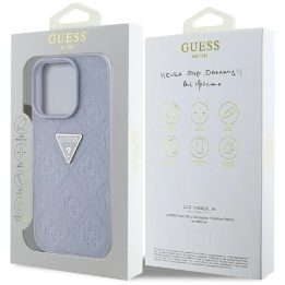 Guess karšto štampavimo rašto iPhone 16 Pro dėklas su trikampiu metaliniu logotipu – violetinis