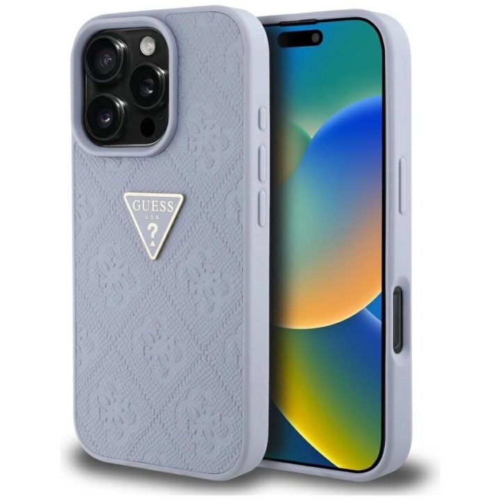 Guess karšto štampavimo rašto iPhone 16 Pro dėklas su trikampiu metaliniu logotipu – violetinis
