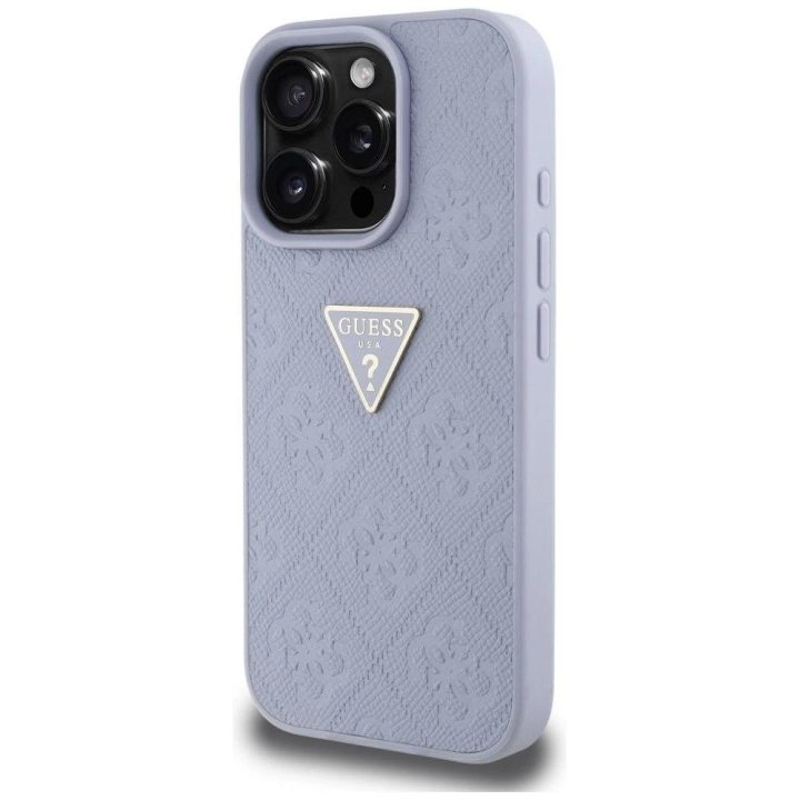 Guess karšto štampavimo rašto iPhone 16 Pro dėklas su trikampiu metaliniu logotipu – violetinis