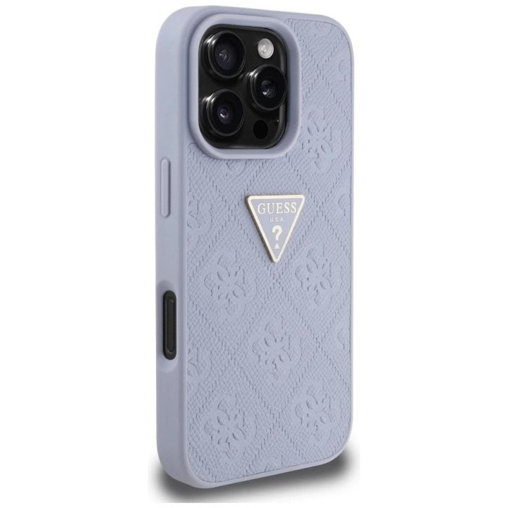 Guess karšto štampavimo rašto iPhone 16 Pro dėklas su trikampiu metaliniu logotipu – violetinis