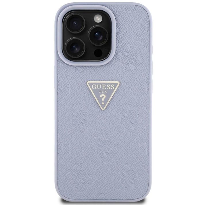 Guess karšto štampavimo rašto iPhone 16 Pro dėklas su trikampiu metaliniu logotipu – violetinis