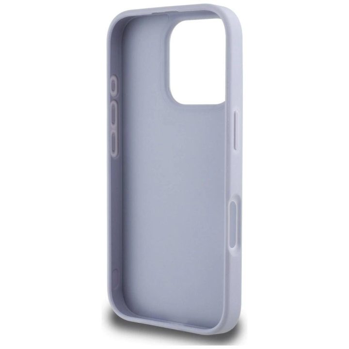 Guess prabangus violetinis dėklas iPhone 16 Pro Max su metaliniu logotipu