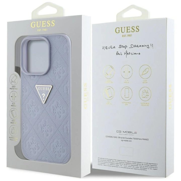 Guess prabangus violetinis dėklas iPhone 16 Pro Max su metaliniu logotipu