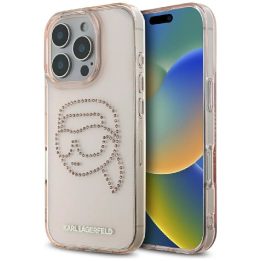 Karl Lagerfeld blizgantis rožinis dėklas su kristalais iPhone 16 Pro