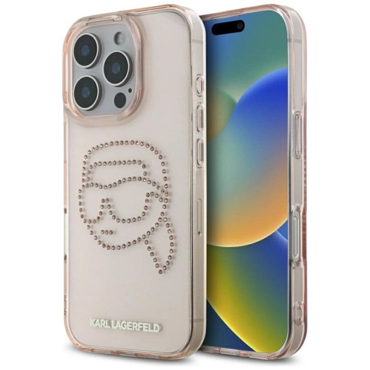 Karl Lagerfeld blizgantis rožinis dėklas su kristalais iPhone 16 Pro