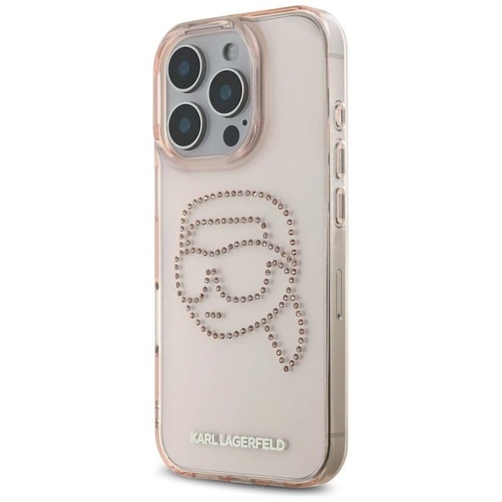 Karl Lagerfeld blizgantis rožinis dėklas su kristalais iPhone 16 Pro