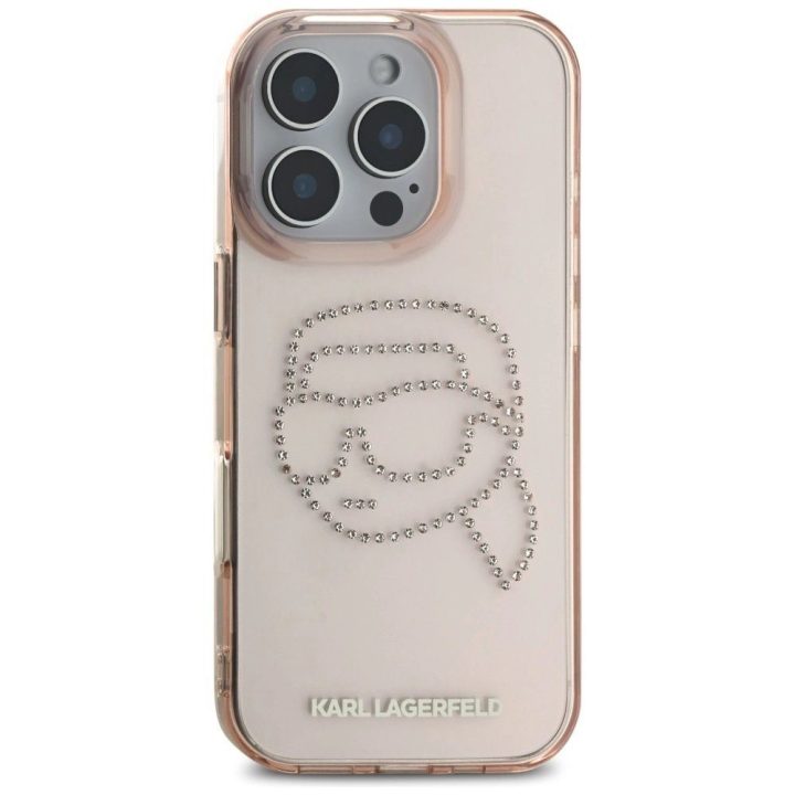 Karl Lagerfeld blizgantis rožinis dėklas su kristalais iPhone 16 Pro