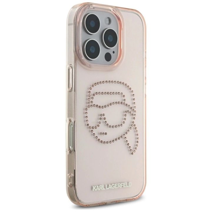 Karl Lagerfeld blizgantis rožinis dėklas su kristalais iPhone 16 Pro
