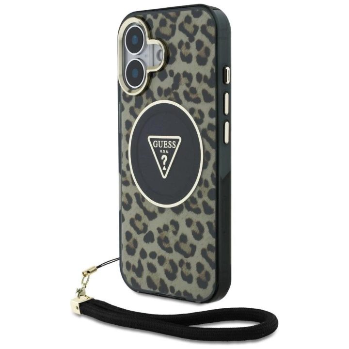 Guess rudos spalvos MagSafe dėklas Leopard“ su virvele iPhone 16