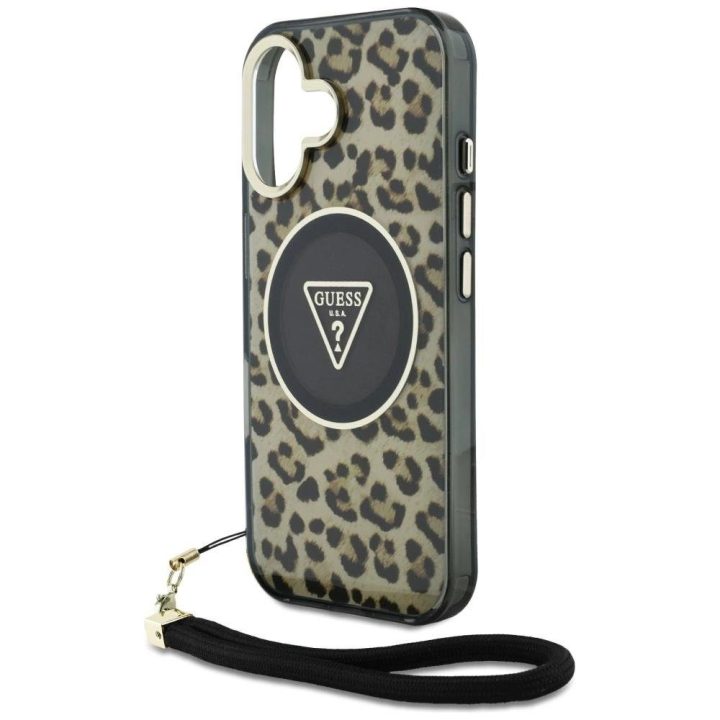 Guess rudos spalvos MagSafe dėklas Leopard“ su virvele iPhone 16