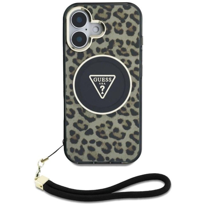 Guess rudos spalvos MagSafe dėklas Leopard“ su virvele iPhone 16