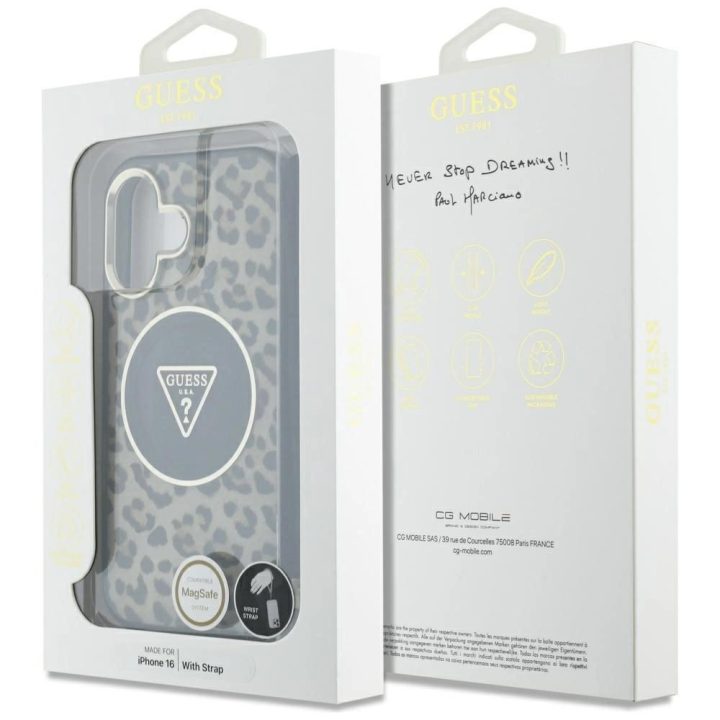 Guess rudos spalvos MagSafe dėklas Leopard“ su virvele iPhone 16