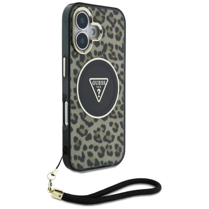 Guess rudos spalvos MagSafe dėklas Leopard“ su virvele iPhone 16