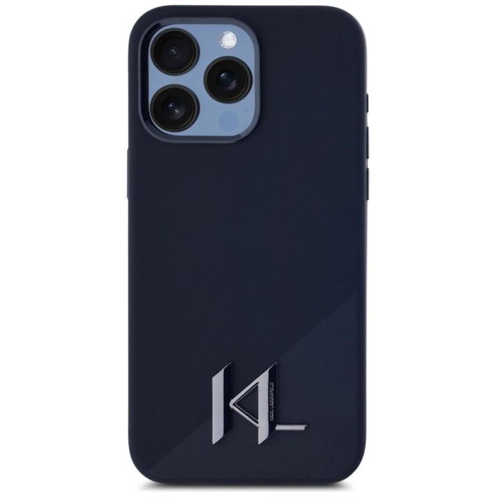Karl Lagerfeld silikoninis dėklas su metaliniu logotipu, MagSafe, iPhone 15 Pro Max, juodas