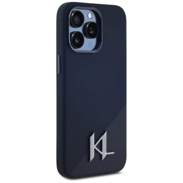 Karl Lagerfeld silikoninis dėklas su metaliniu logotipu, MagSafe, iPhone 15 Pro Max, juodas