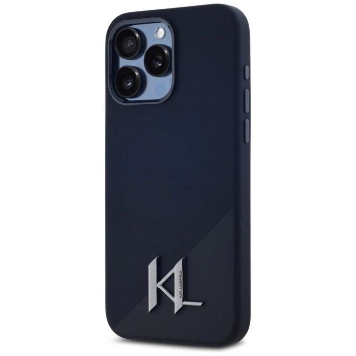 Karl Lagerfeld silikoninis dėklas su metaliniu logotipu, MagSafe, iPhone 15 Pro Max, juodas