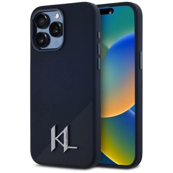 Karl Lagerfeld silikoninis dėklas su metaliniu logotipu, MagSafe, iPhone 15 Pro Max, juodas