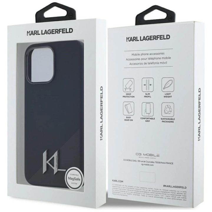 Karl Lagerfeld silikoninis dėklas su metaliniu logotipu, MagSafe, iPhone 15 Pro Max, juodas