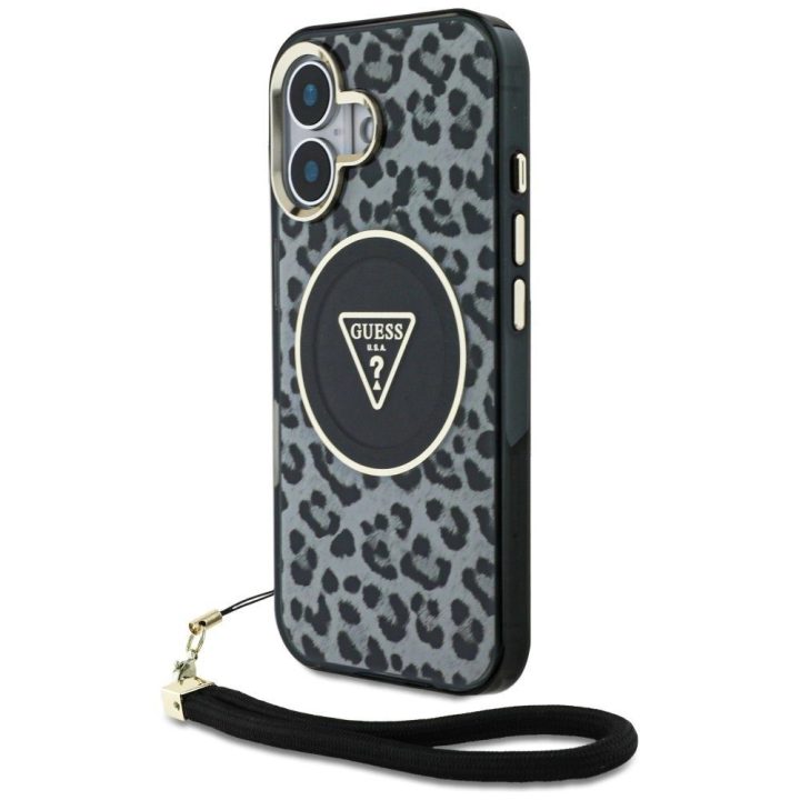 Leopardo rašto MagSafe“ dėklas su virvele iPhone 16“ – juodas