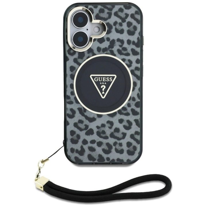 Leopardo rašto MagSafe“ dėklas su virvele iPhone 16“ – juodas