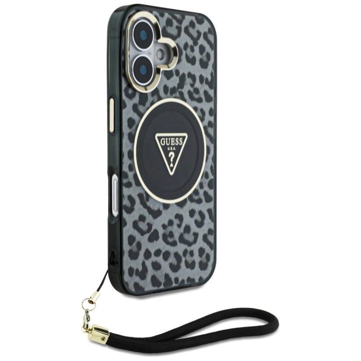 Leopardo rašto MagSafe“ dėklas su virvele iPhone 16“ – juodas