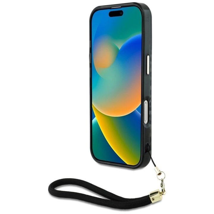 Leopardo rašto MagSafe“ dėklas su virvele iPhone 16“ – juodas