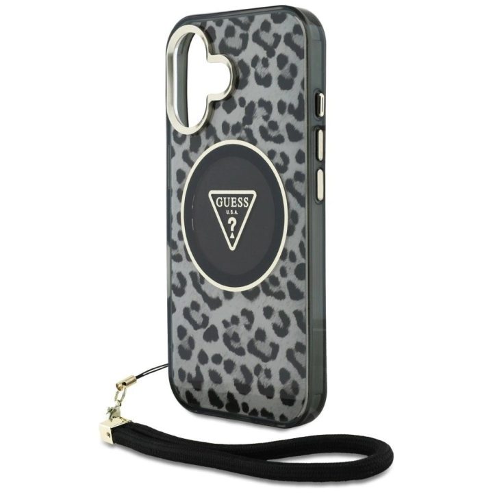 Leopardo rašto MagSafe“ dėklas su virvele iPhone 16“ – juodas