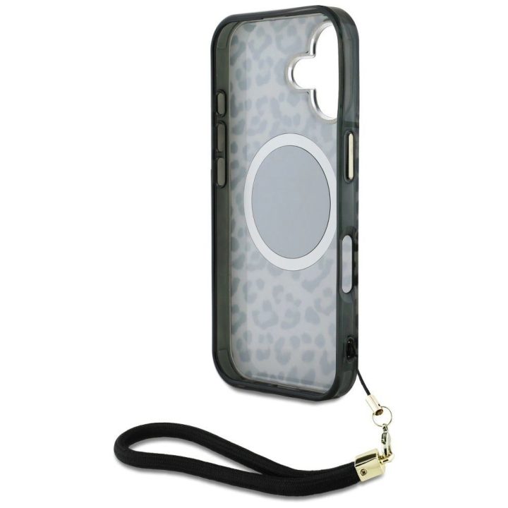Leopardo rašto MagSafe“ dėklas su virvele iPhone 16“ – juodas