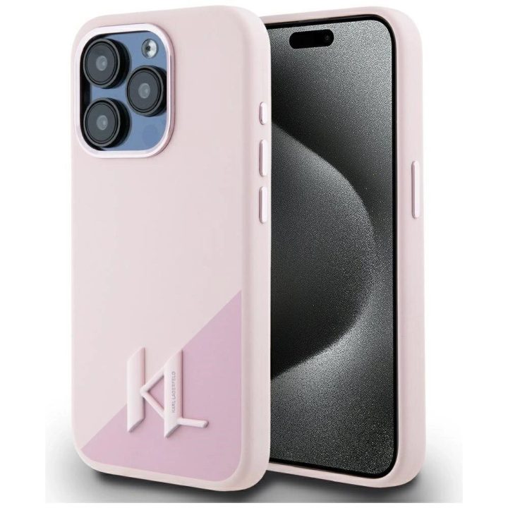 Karl Lagerfeld silikoninis dėklas su metalinėmis inicialais, MagSafe, iPhone 15 Pro Max, rožinis