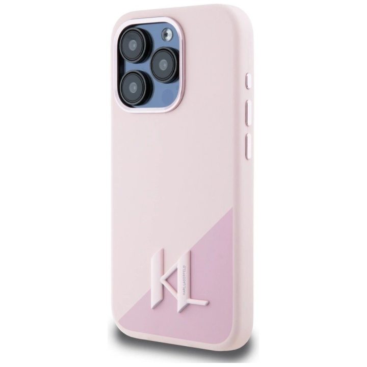 Karl Lagerfeld silikoninis dėklas su metalinėmis inicialais, MagSafe, iPhone 15 Pro Max, rožinis