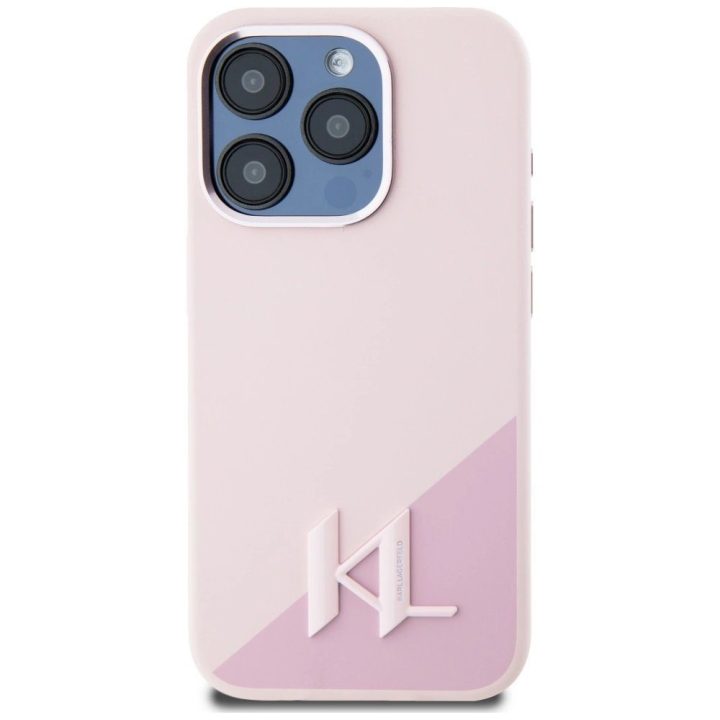 Karl Lagerfeld silikoninis dėklas su metalinėmis inicialais, MagSafe, iPhone 15 Pro Max, rožinis