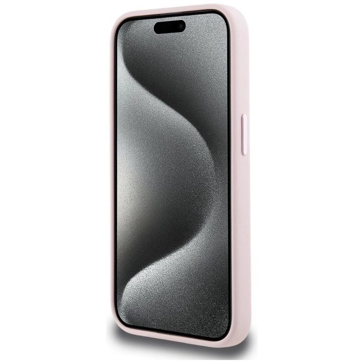 Karl Lagerfeld silikoninis dėklas su metalinėmis inicialais, MagSafe, iPhone 15 Pro Max, rožinis
