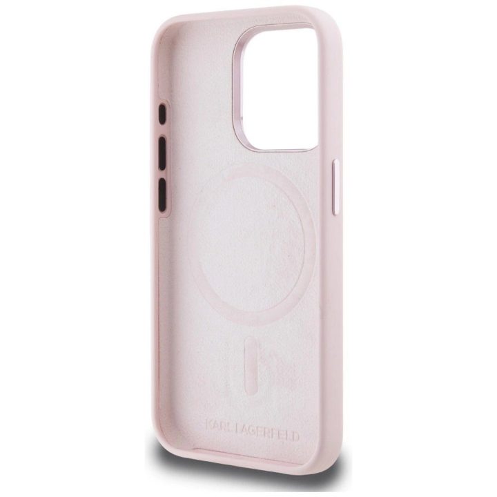 Karl Lagerfeld silikoninis dėklas su metalinėmis inicialais, MagSafe, iPhone 15 Pro Max, rožinis