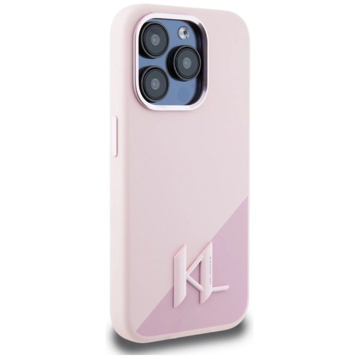 Karl Lagerfeld silikoninis dėklas su metaliniu logotipu, MagSafe, iPhone 15 Pro, rožinis