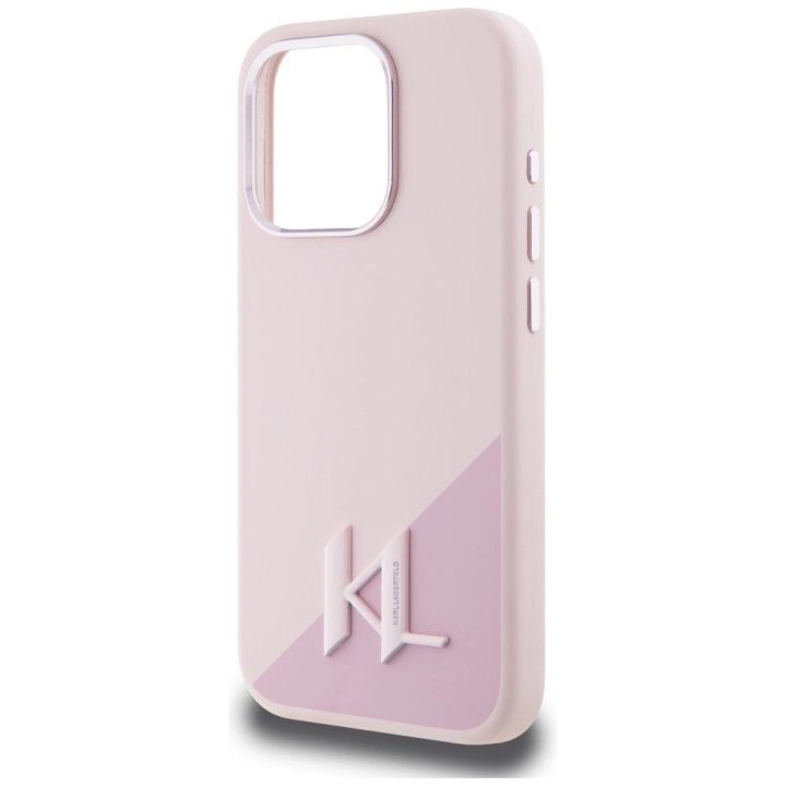 Karl Lagerfeld silikoninis dėklas su metaliniu logotipu, MagSafe, iPhone 15 Pro, rožinis