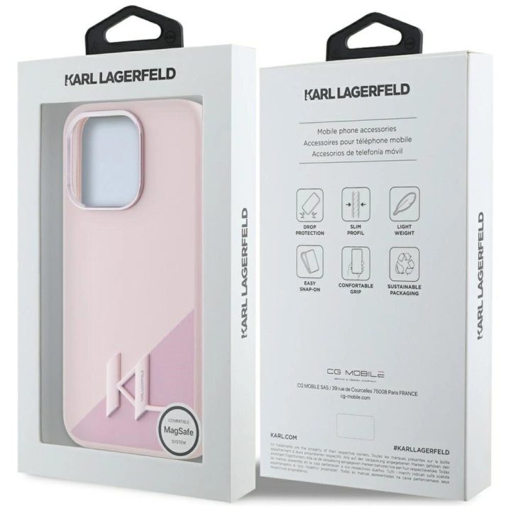Karl Lagerfeld silikoninis dėklas su metaliniu logotipu, MagSafe, iPhone 15 Pro, rožinis