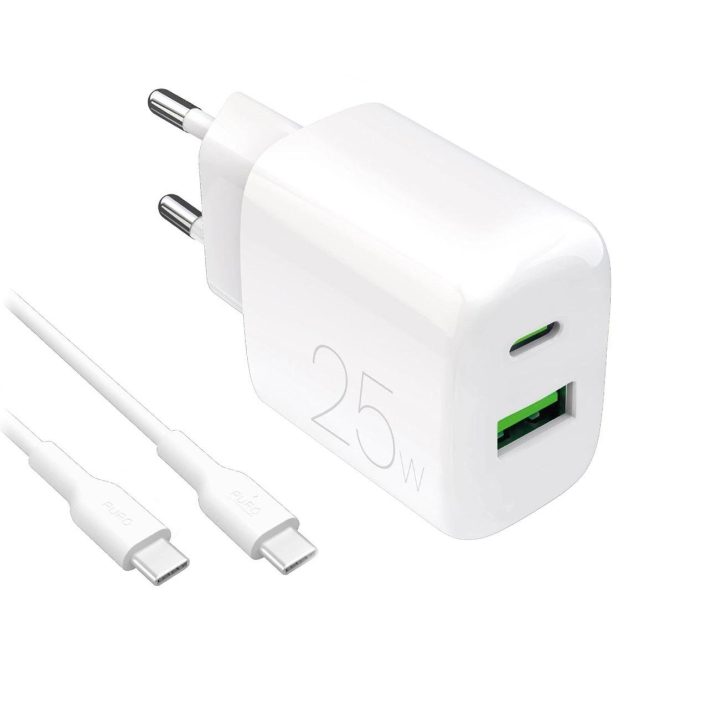Puro PROLITE 25W sieninis įkroviklis (USB-A / USB-C) + 1,2 m USB-C – USB-C laidas, baltas