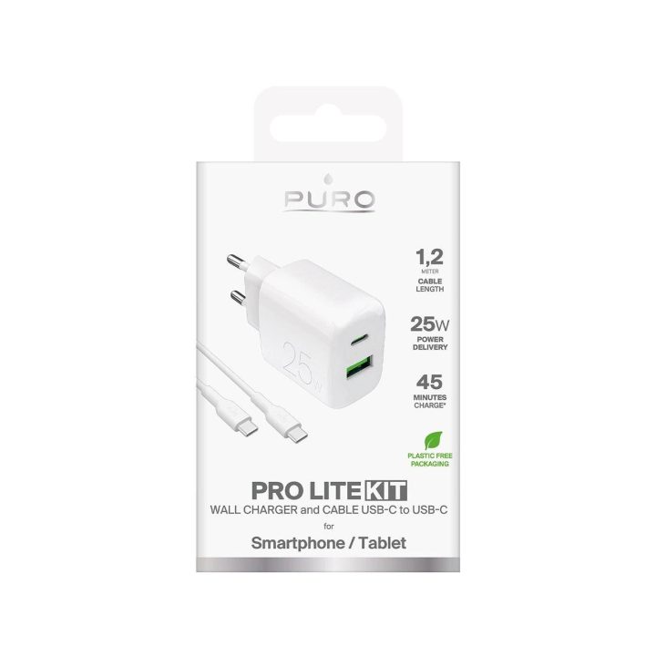 Puro PROLITE 25W sieninis įkroviklis (USB-A / USB-C) + 1,2 m USB-C – USB-C laidas, baltas