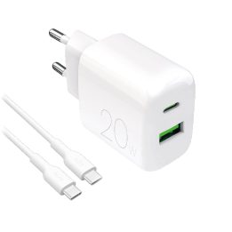 Puro PROLITE 20W sieninis įkroviklis (USB-A / USB-C) + 1,2 m USB-C – USB-C laidas, baltas